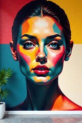 Vibrant Abstract Portrait of a Woman with Bold Color Blocking and Striking Gaze in a Modern Interior Setting