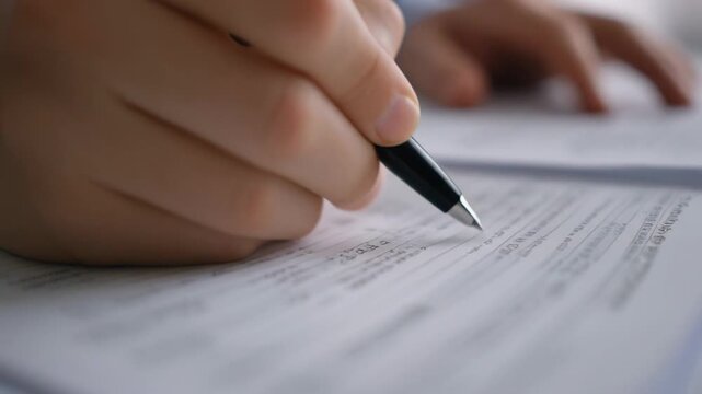 Close-up of a hand signing a document with a black pen, focusing on the task