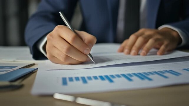 Close-up of hands in a suit writing on financial documents with charts and graphs