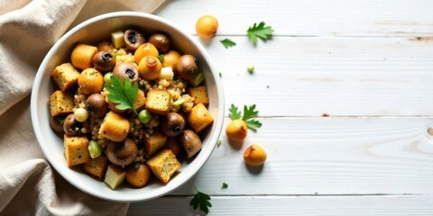 Aromatic medley of toasted bread cubes, pearl couscous, savory mushrooms, and sweet golden berries in a rustic bowl