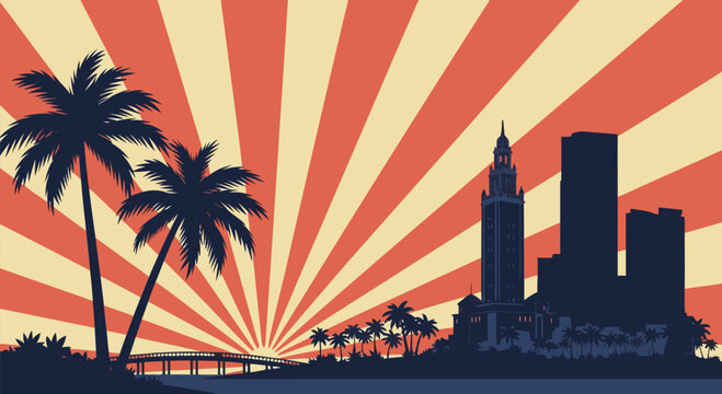 Retro Miami cityscape vector illustration with iconic skyline silhouettes against a vibrant sunburst backdrop, capturing a tropical travel vibe and art deco aesthetic