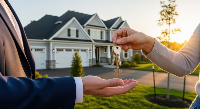 Real Estate Agent Handing House Keys To New Homeowner At Sunset With Luxury Home Background