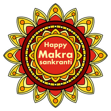 Happy Makra Sankranti greeting illustration with decorative mandala and festive colors.