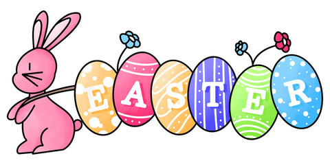 Fototapeta premium Cute Easter bunny pulling colorful eggs spelling Easter, festive holiday illustration.