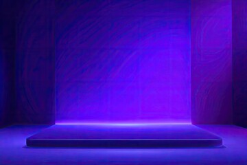 Illuminated violet presentation stage with geometric shapes and bright central spotlight