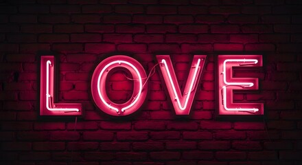 Pink Neon LOVE Sign on Brick Wall, Retro Romantic Glow, Urban Night Life Typography