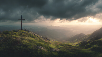 Obraz premium Good Friday background symbolizing hope, cross silhouette against early morning sunrise.