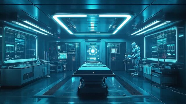 Futuristic medical laboratory with a patient table and various medical equipment under blue neon lighting.