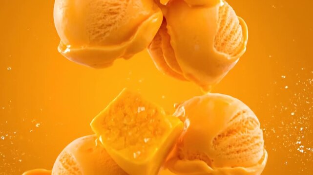 Mango sorbet ice cream scoops tumbling in monochromatic orange studio.
