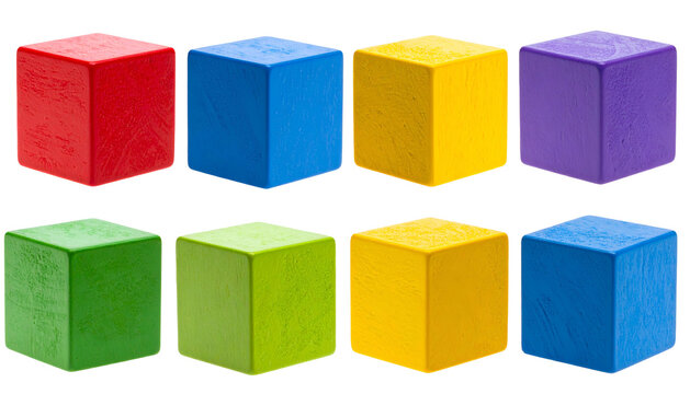 Assortment of eight solid-colored, square blocks arranged in two rows of four, set against a stark black backdrop