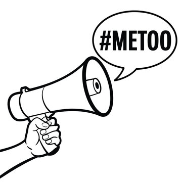 A hand holding a megaphone with the hashtag metoo inside a speech bubble