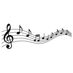 Musical notes and clef symbol gracefully flow across a white background