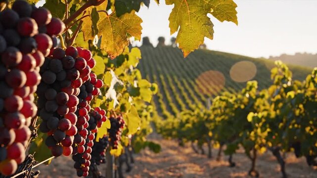 Vineyard landscape with ripe red grapes in the foreground at sunset.