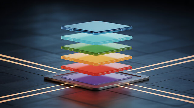 Advanced multi layered microchip processor with vibrant translucent colored layers stacked above symbolizing data processing artificial intelligence and technological innovation