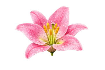 Obraz premium Pink lily blossom with fresh water drops on petals, beautiful floral botany illustration, transparent background