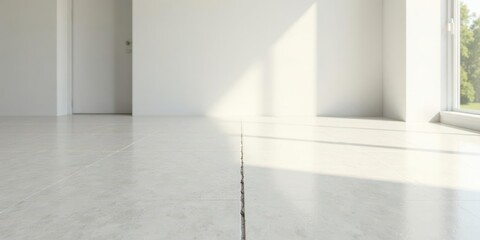 A subtle crack divides the light grey tile floor in a sunlit empty room with a white door and window