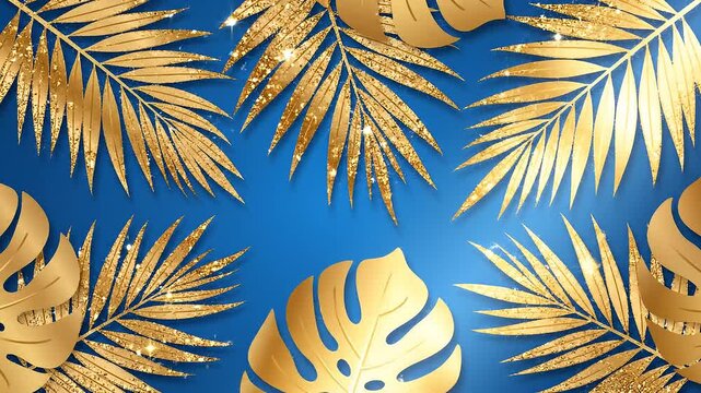 Luxury Golden Tropical Leaves on Blue Background, seamless pattern design