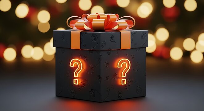 Mystery Gift Box with Orange Ribbon and Glowing Question Marks &ndash; Promotional Surprise Concept.