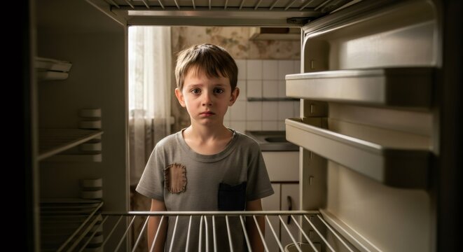 Sad caucasian boy looks into an empty refrigerator. Concept of global economic crisis, poverty, famine, and food shortage for social issues use.