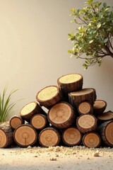 A stack of neatly arranged wooden logs rests on a light-colored surface, next to a small green plant, creating a rustic and tranquil scene.