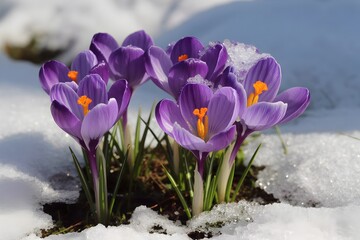 Purple crocus flowers blooming through melting snow in early spring, first signs of spring season with orange stamens closeup