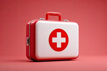 Obraz premium Glossy, red-and-white first aid kit, prominently featuring a red cross, isolated on a red background