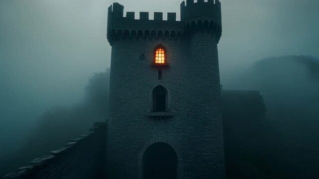 Mysterious medieval stone castle tower shrouded in thick fog, with a single glowing orange window