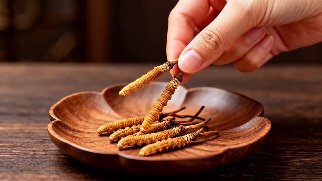 Close up of Cordyceps sinensis and Traditional Chinese Medicine Nourishing Products Concept