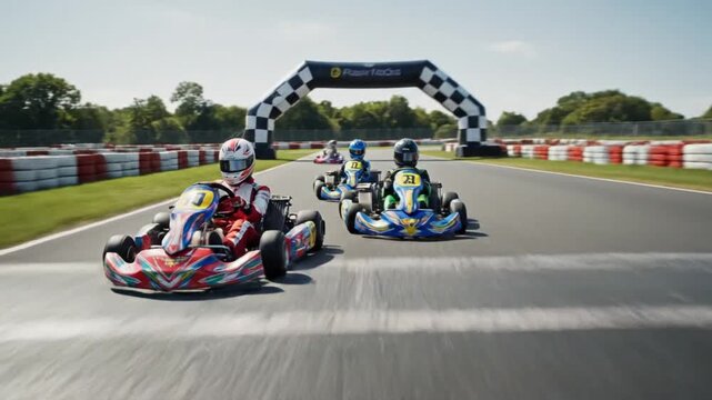 Go Kart Racing on Track with Checkered Flag.