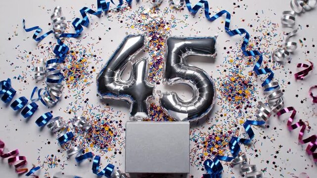 45th Birthday Celebration with Confetti and Balloons.