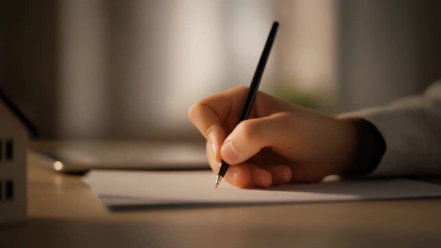 Close-up on a Hand Signing a Document with a Pen, with a Small House Model and Laptop in