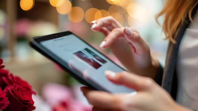 Woman scrolls and taps on a smart phone in a floral shop, browsing social media or an online store.