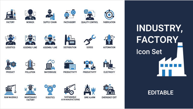 Industrial Production Solid Icons &ndash; AI in Manufacturing, Robotics, Supply Chain & Smart Factory..eps