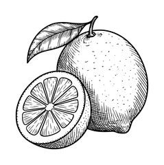 Obraz premium Vintage Style Black and White of a Whole Lemon and a Sliced Lemon with a Leaf citrus fruit