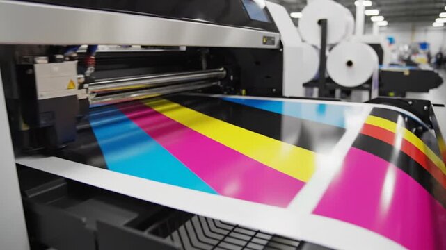 Close up of large format printer processing CMYK test colors in a modern print shop.