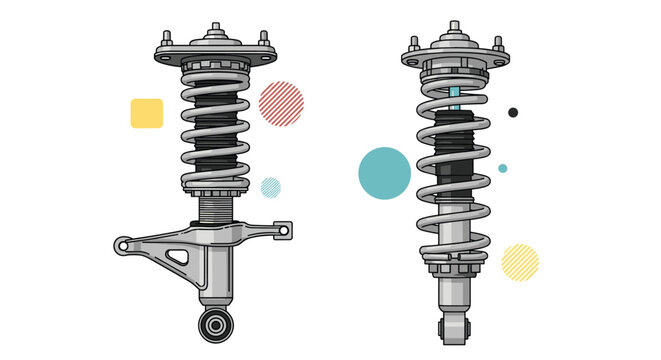 Detailed illustration of automotive suspension shock absorbers and struts highlighting the coil spring and damping mechanism.