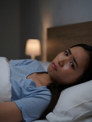 Worried Woman Lying in Bed at Night
