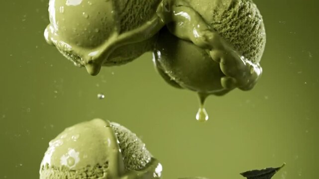 Matcha green tea ice cream scoops floating in olive green studio.