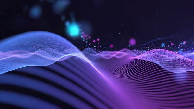 Abstract flowing waves of light and dark blue particles serve as a versatile background for digital marketing projects.