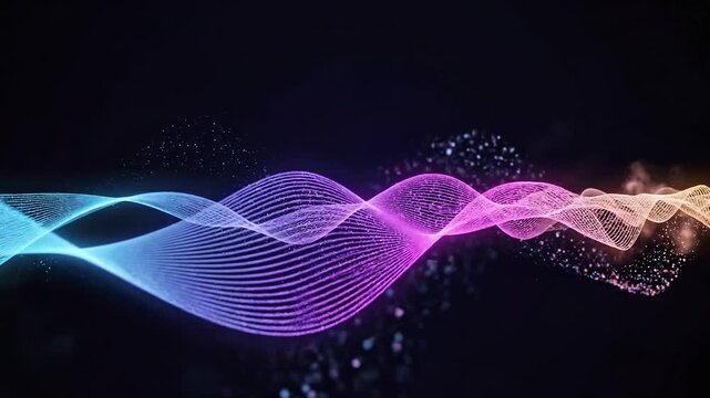 Glowing digital wave of light particles flows across a dark backdrop for technology and data visualization themed presentation slides.