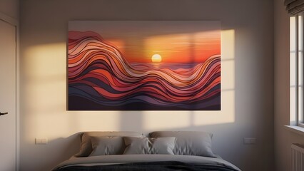 Fototapeta premium Modern bedroom with a large painting of a desert landscape at sunset above a cozy bed near a window