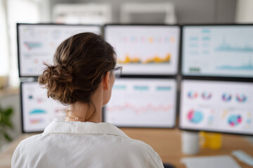 Naklejka premium A woman is sitting at a desk with a computer monitor in front of her