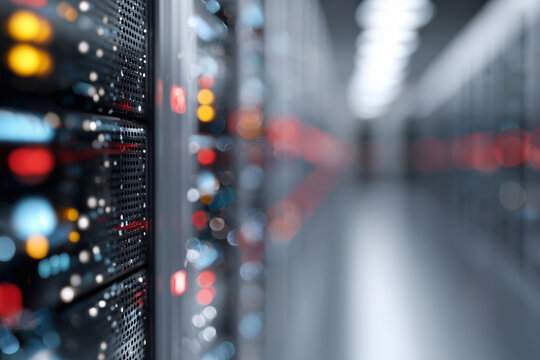 A computer server room with a blurry background