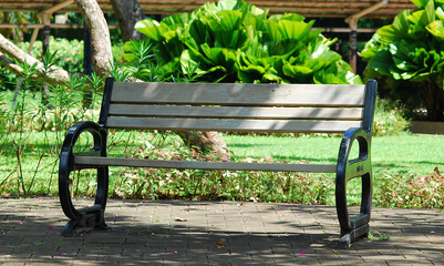 Peaceful Wooden Bench in Lush Garden