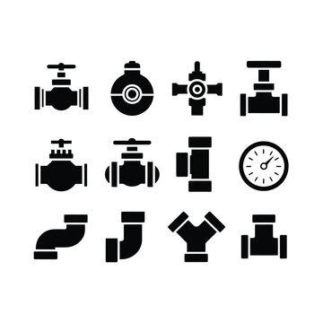 Collection of black industrial pipe fittings and valve icons displayed neatly