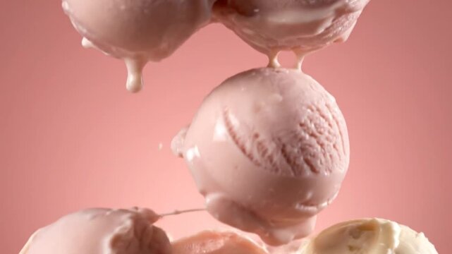 Strawberry and vanilla ice cream scoops floating in pink studio background.