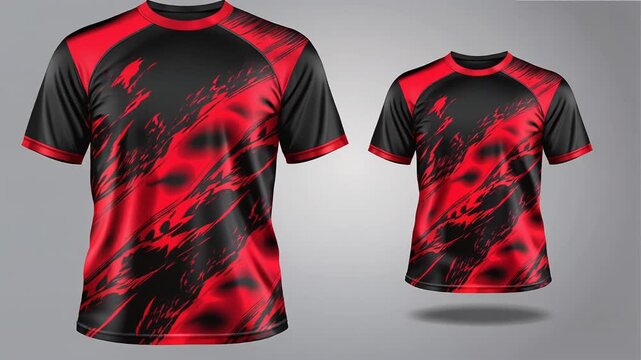 Red and black jersey design showcase featuring front and back views for apparel designs