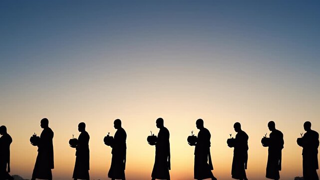 Buddha Jayanti Festival Buddhist Monks Procession with Alms Bowls Silhouette