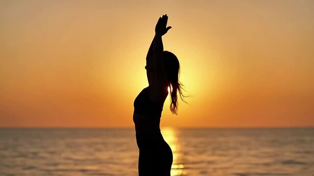 Woman practicing acroyoga sequence with partner on beach at sunset. Acroyoga partnership and balanced movement outdoor fitness.