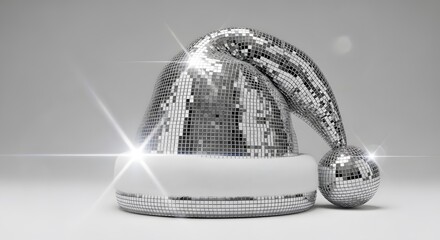 Disco Ball Santa Hat with Mirror Tiles, Festive Party Christmas Concept, Reflective Holiday Art